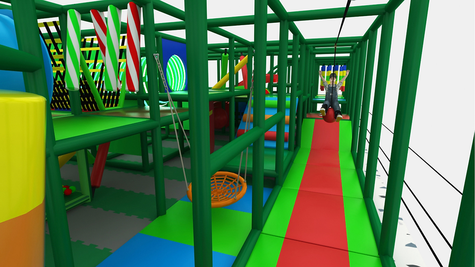 Indoor playground walkway with climbing obstacles and soft play equipment