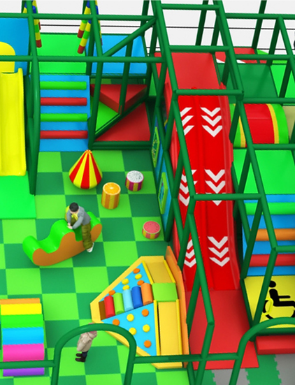 Colorful indoor playground with climbing structures, slides, and play features for children